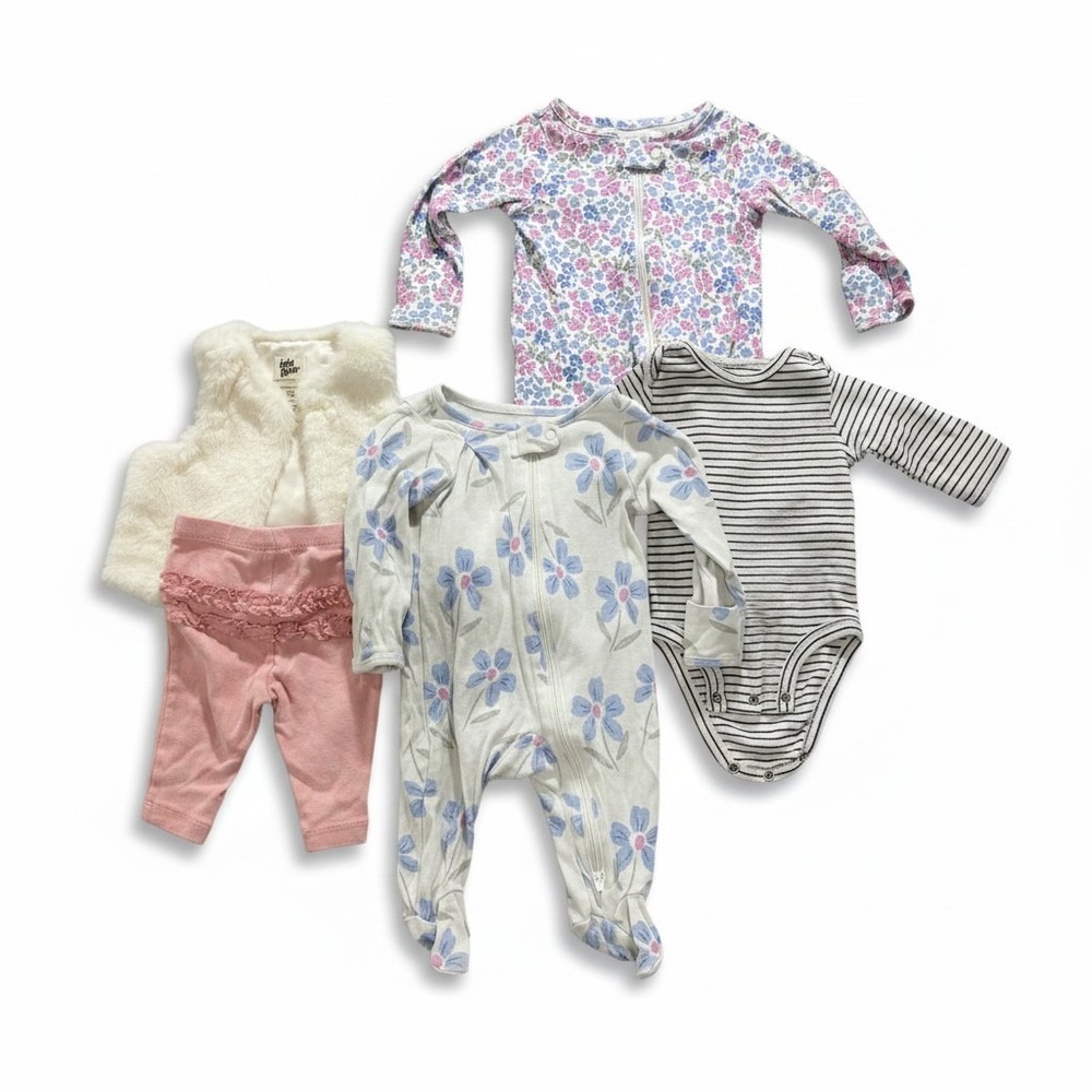 Baby B'gosh 3M White Pink Blue Faux Fur Vest Sleepers Pants Set Cozy Casual